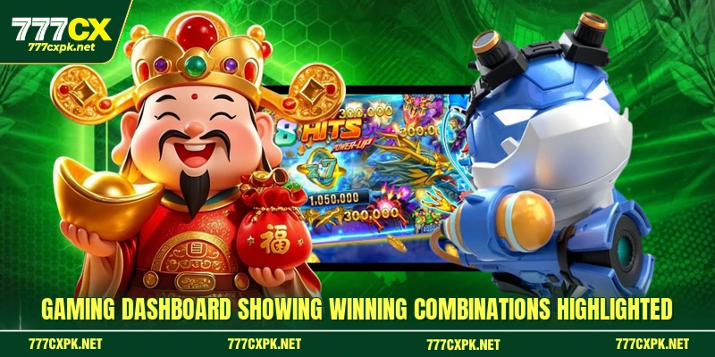 Gaming dashboard showing winning combinations highlighted