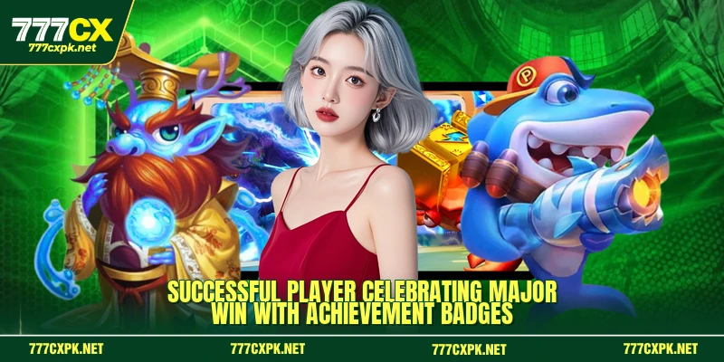 Successful player celebrating major win with achievement badges